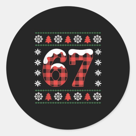 Funny 67 Buffalo Plaid Christmas Snow Ugly Sweater Ronde Sticker (Voorkant)