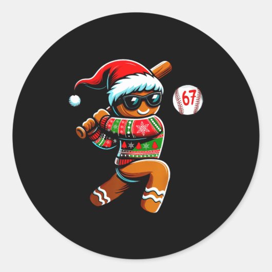 Funny 67 Gingerbread Man Playing Baseball Christma Ronde Sticker (Voorkant)