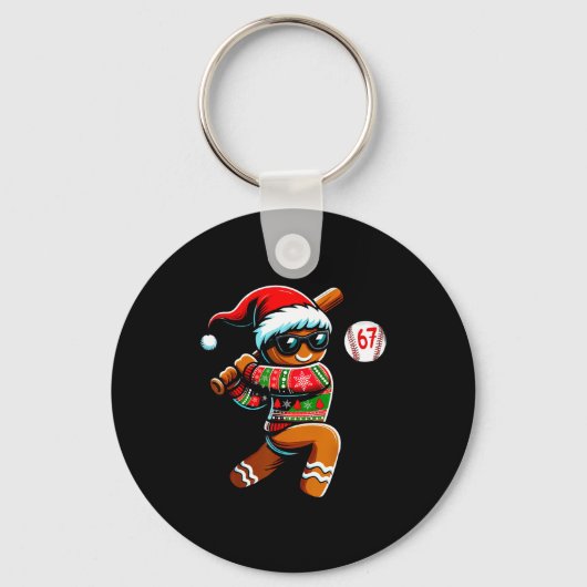 Funny 67 Gingerbread Man Playing Baseball Christma Sleutelhanger (Voorkant)