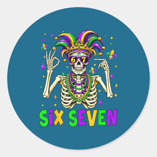 Funny 67 Mardi Gras Skeleton 6 7 Meme Mask Beads S Ronde Sticker (Voorkant)
