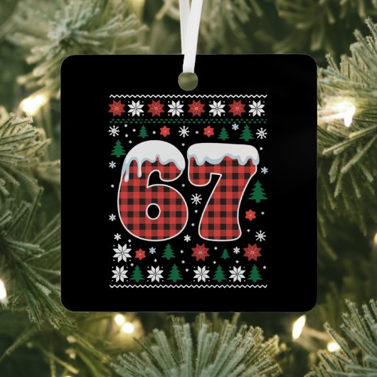 Funny 67 Six Seven Meme Cringe Christmas Red Plaid Metalen Ornament (Insitu)