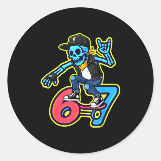 Funny 67 Skeleton Skater Meme Retro Skateboarding  Ronde Sticker (Voorkant)