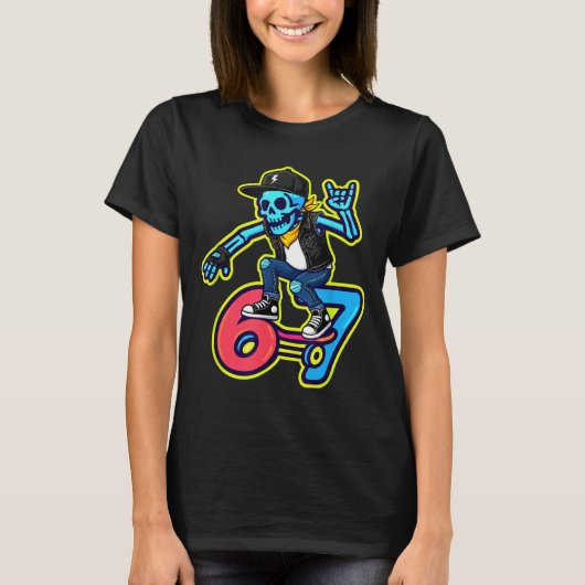 Funny 67 Skeleton Skater Meme Retro Skateboarding  T-shirt (Voorkant)