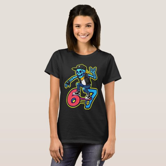 Funny 67 Skeleton Skater Meme Retro Skateboarding  T-shirt (Voorkant volledig)