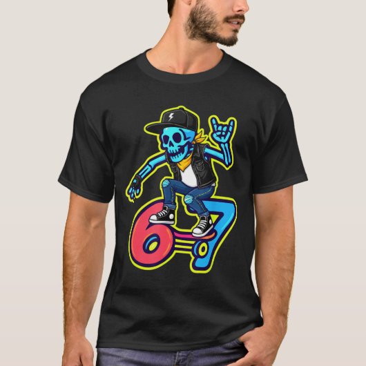Funny 67 Skeleton Skater Meme Retro Skateboarding  T-shirt (Voorkant)