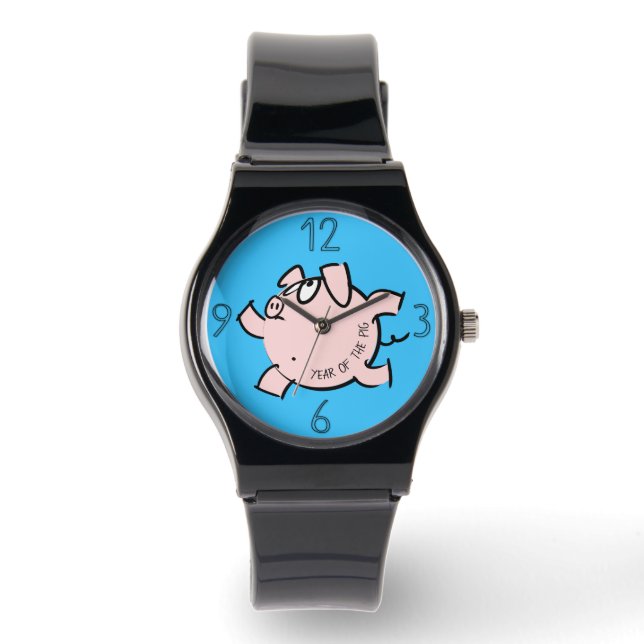 Funny 6 Cartoon Illustratie Varkensjaar Verjaardag Horloge (Voorkant)