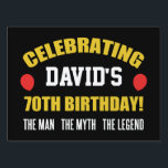 Funny 70th Birthday voor mannen Tuinbord<br><div class="desc">Viel zijn mijlpaal verjaardagsfeest met dit grappige bordje dat zegt: "Het man,  de mythe,  de legende". met rode ballonnen. Pas het aan door zijn naam aan het ontwerp toe te voegen!</div>