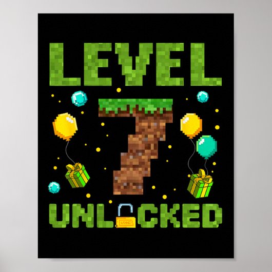 Funny 7th Birthday Boy Gamer Level 7 Unlocked Pixe Poster (Voorkant)