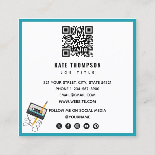 Funny 80s Muziek Retro Cassettebandje QR Code Vierkante Visitekaartje (Achterkant)