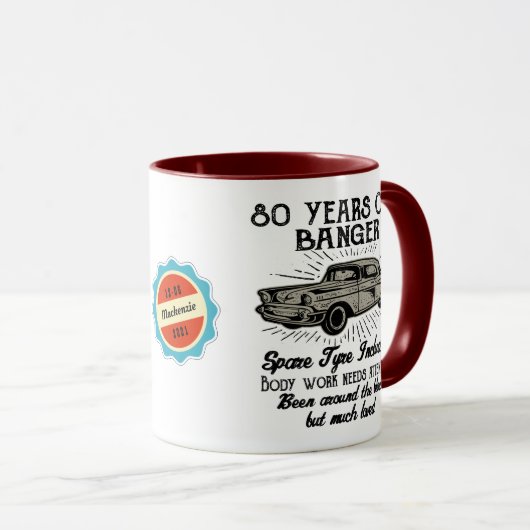 Funny 80th Birthday Retro Car Banger Add Name Date Mok (Voorkant rechts)