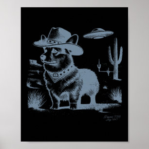 Funny 90s Western Cowboy Corgi Ufo Poster