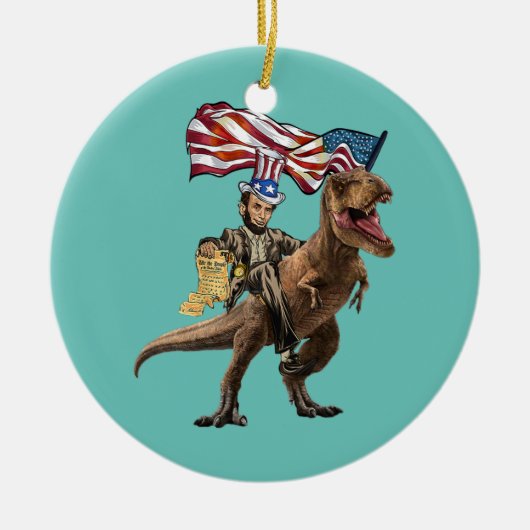 Funny Abe Lincoln met Dinosaur T Rex American Keramisch Ornament (Voorkant)