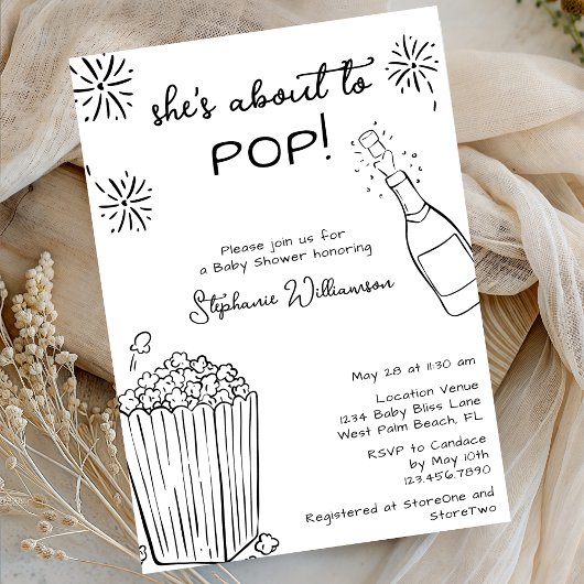 Funny About To Pop Popcorn Champagne Baby Shower Kaart