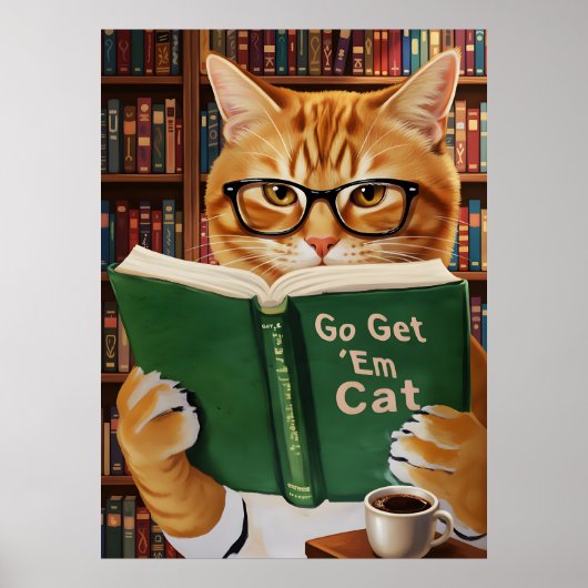 Funny Adorable Reading Cat Art Coffee Tabby Cat Poster (Voorkant)