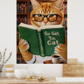 Funny Adorable Reading Cat Art Coffee Tabby Cat Poster (Keuken)