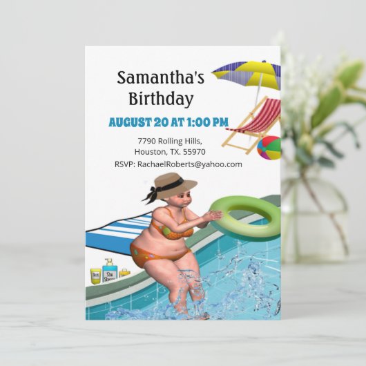Funny Adult Pool Party Birthday Invitation Kaart (Staand voorkant)