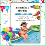 Funny Adult Pool Party Birthday Invitation Kaart<br><div class="desc">Grappig,  volwassen verjaardagsuitnodiging met een enigszins overgewicht vrouw die in een zwembad springt.</div>