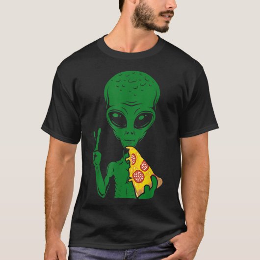 Funny Alien Eating Pizza Design T-shirt (Voorkant)