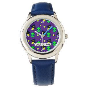 Funny Alien Head UFO Stars Pattern Comic Name Text Horloge