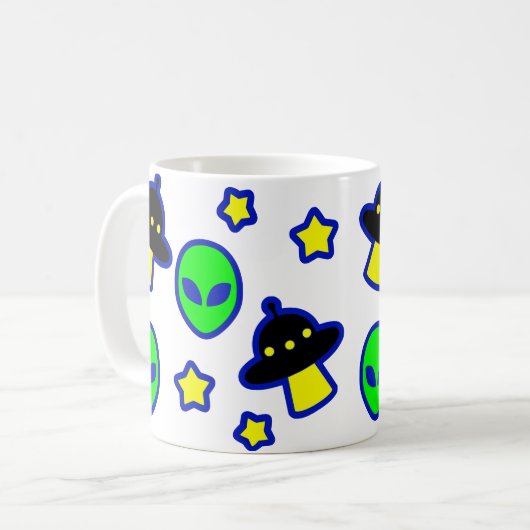 Funny Alien Head UFO Sterren Pattern Cartoon Comic Koffiemok (Voorkant links)