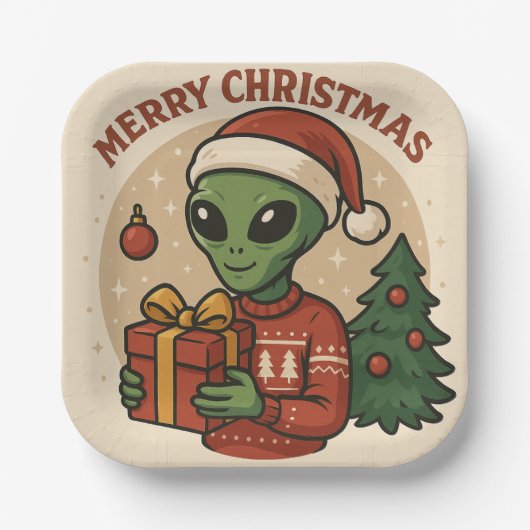 Funny Alien Merry Christmas Papieren Bordje (Voorkant)