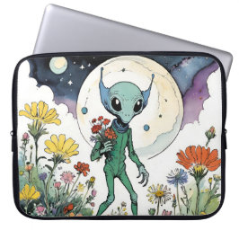 Funny Alien Picking Flowers With Full Moon Laptop Sleeve