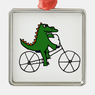 Funny Alligator Riding Bicycle Cartoon Metalen Ornament