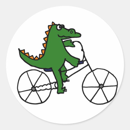 Funny Alligator Riding Bicycle Cartoon Ronde Sticker (Voorkant)