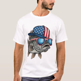 Funny American Big Fish Wearing Flag Cap Fishing T-shirt