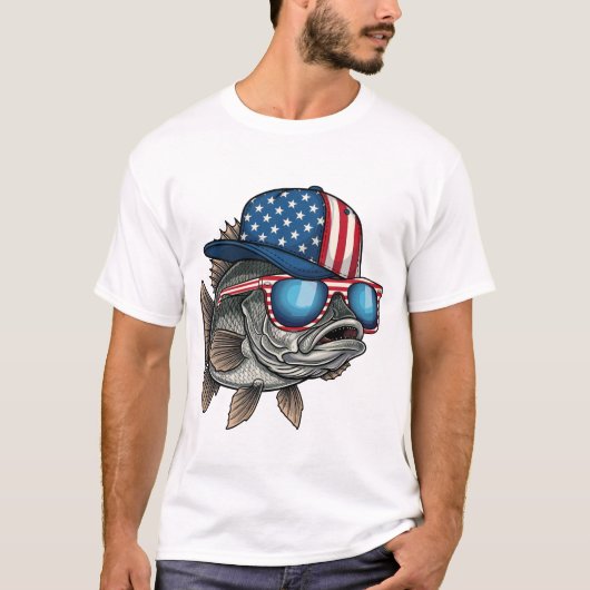 Funny American Big Fish Wearing Flag Cap Fishing T-shirt (Voorkant)