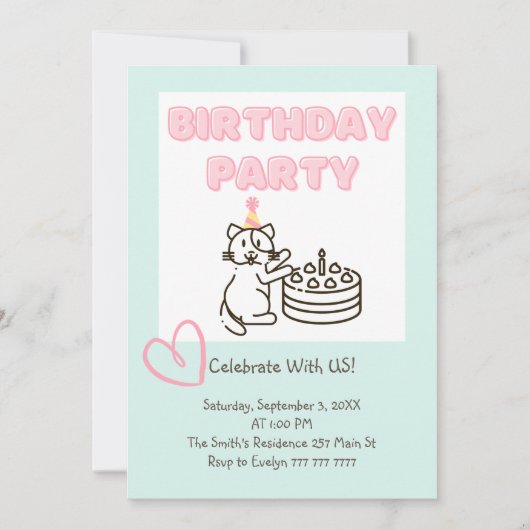 Funny and Cute Cat&Cake Birthday Uitnodiging (Voorkant)