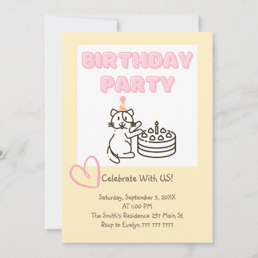 Funny and Cute Cat&Cake Birthday Uitnodiging (Voorkant)