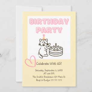 Funny and Cute Cat&Cake Birthday Uitnodiging