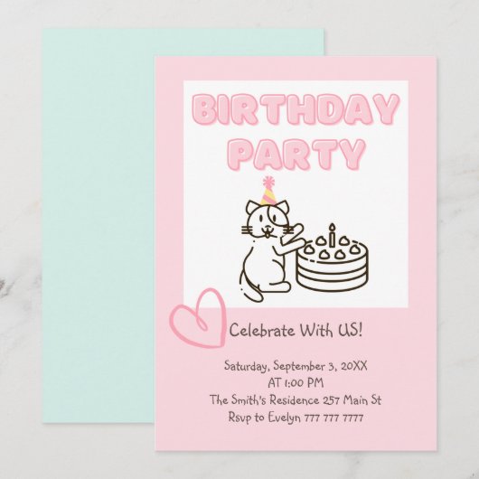 Funny and Cute Cat&Cake Birthday Uitnodiging (Voorkant / Achterkant)