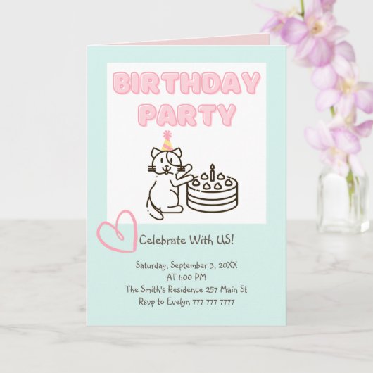 Funny and Cute Cat&Cake Birthday Uitnodiging (Orchidee)
