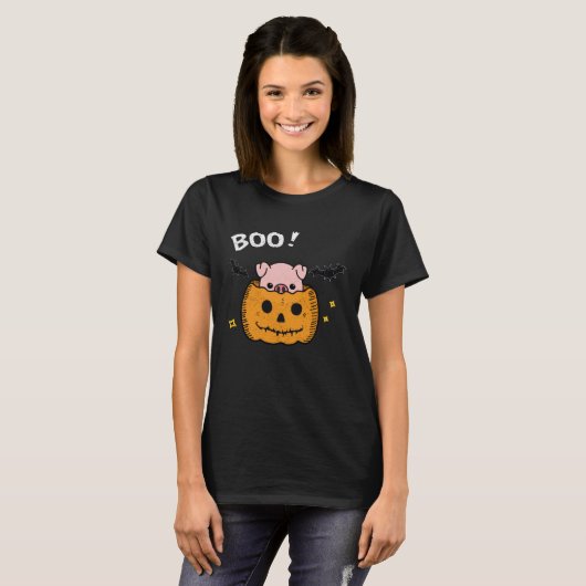funny and cute piggy pig boo in pumpkin bats Hallo T-shirt (Voorkant volledig)
