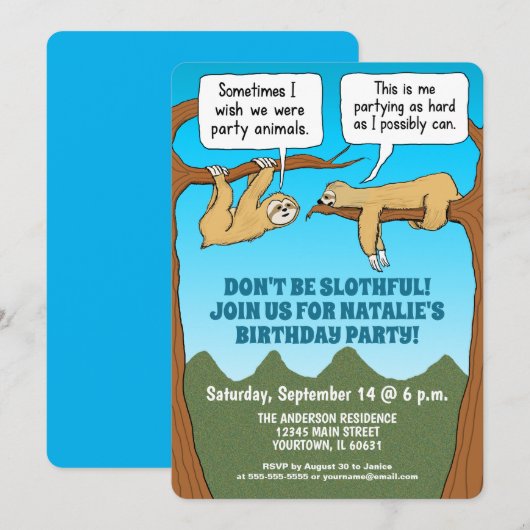Funny and Cute Sloths Birthday Party Kaart (Voorkant / Achterkant)