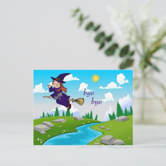 Funny and Cute Witch op een Broomstick Briefkaart (Staand voorkant)