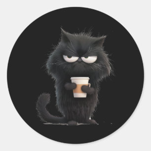 Funny Angry Black Cat T-shirt Schattige Koffielief Ronde Sticker