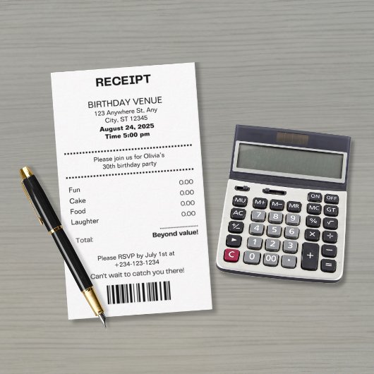 Funny, any age receipt theme Birthday invitation Informatiekaartje