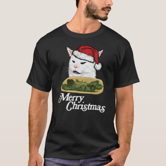 Funny Arguing White Cat Meme in Santa Hat Christma T-shirt (Voorkant)