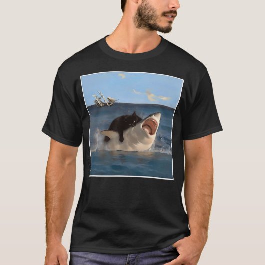 funny Art & Cat Lover Quote Cat Biting Shark Cool  T-shirt (Voorkant)