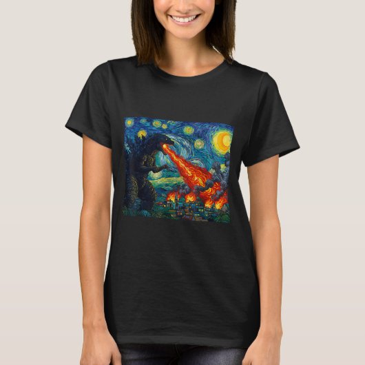 Funny Art Japanese Monster Kaiju In Van Gogh Starr T-shirt (Voorkant)