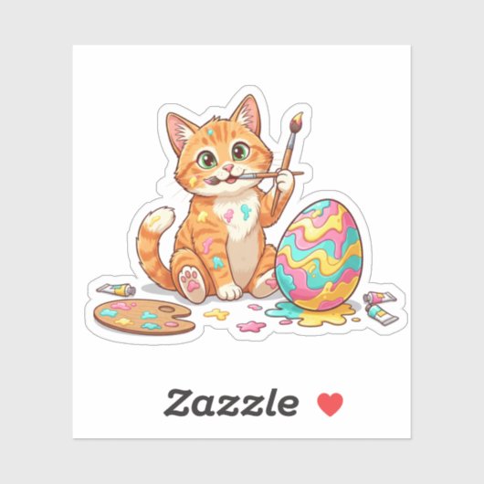 Funny Artist Cat Painting Easter Egg Messy Sticker (Vel)