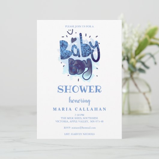 Funny Artistic Typography Blue Baby Shower Kaart (Staand voorkant)
