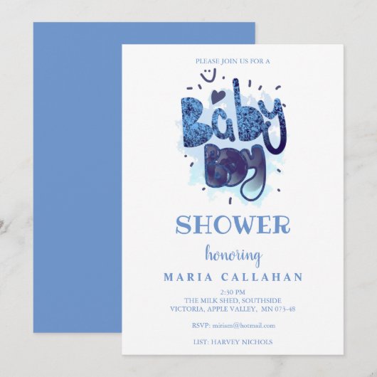 Funny Artistic Typography Blue Baby Shower Kaart (Voorkant / Achterkant)