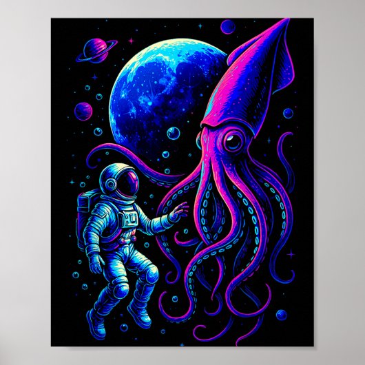 Funny Astronaut And Squid In Underwater Space With Poster (Voorkant)