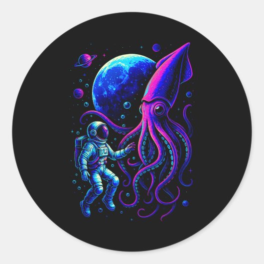 Funny Astronaut And Squid In Underwater Space With Ronde Sticker (Voorkant)