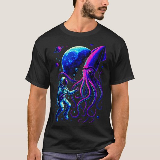Funny Astronaut And Squid In Underwater Space With T-shirt (Voorkant)