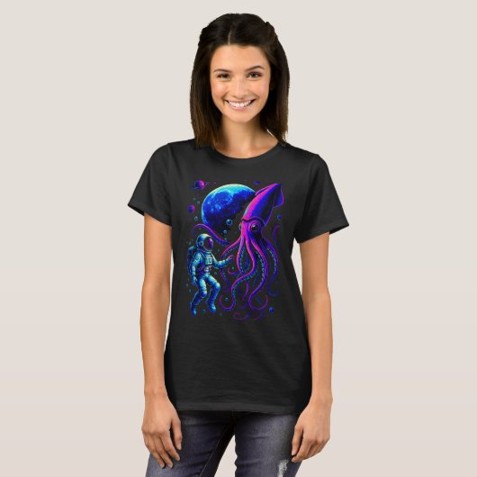 Funny Astronaut And Squid In Underwater Space With T-shirt (Voorkant volledig)